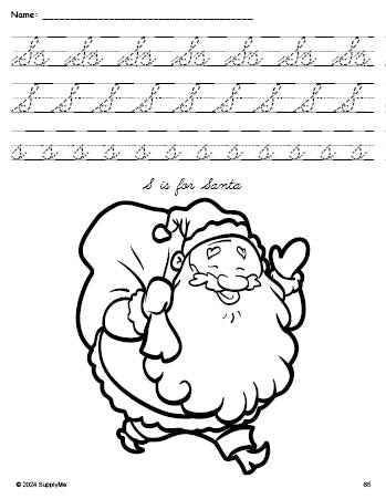 Free printable Santa Christmas coloring page, cursive letter tracing worksheet, letter s worksheet for preschool, pre-k, and kindergarten