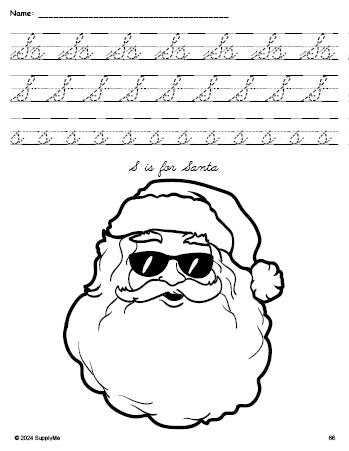 Free printable Santa Christmas coloring page, cursive letter tracing worksheet, letter s worksheet for preschool, pre-k, and kindergarten