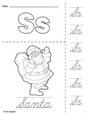 Free printable Santa Christmas coloring page and cursive letter tracing worksheet, letter s worksheet for preschool, pre-k, and kindergarten