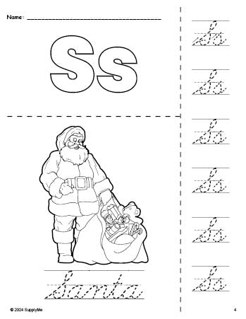 Free printable Santa Christmas coloring page and cursive letter tracing worksheet, letter s worksheet for preschool, pre-k, and kindergarten