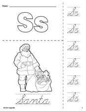 Free printable Santa Christmas coloring page and cursive letter tracing worksheet, letter s worksheet for preschool, pre-k, and kindergarten