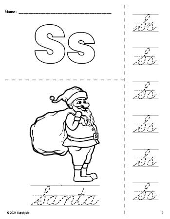 Free printable Santa Christmas coloring page and cursive letter tracing worksheet, letter s worksheet for preschool, pre-k, and kindergarten