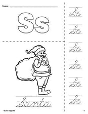 Free printable Santa Christmas coloring page and cursive letter tracing worksheet, letter s worksheet for preschool, pre-k, and kindergarten