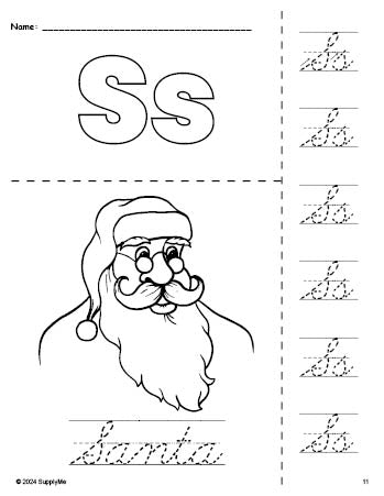 Free printable Santa Christmas coloring page and cursive letter tracing worksheet, letter s worksheet for preschool, pre-k, and kindergarten