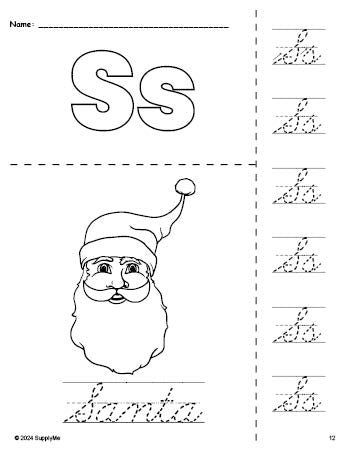 Free printable Santa Christmas coloring page and cursive letter tracing worksheet, letter s worksheet for preschool, pre-k, and kindergarten