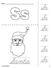 Free printable Santa Christmas coloring page and cursive letter tracing worksheet, letter s worksheet for preschool, pre-k, and kindergarten