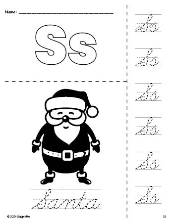 Free printable Santa Christmas coloring page and cursive letter tracing worksheet, letter s worksheet for preschool, pre-k, and kindergarten