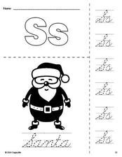 Free printable Santa Christmas coloring page and cursive letter tracing worksheet, letter s worksheet for preschool, pre-k, and kindergarten