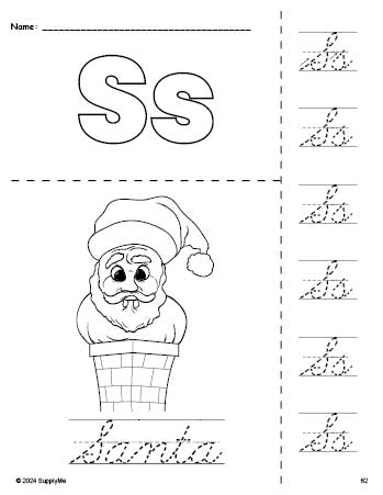 Free printable Santa Christmas coloring page and cursive letter tracing worksheet, letter s worksheet for preschool, pre-k, and kindergarten