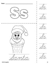 Free printable Santa Christmas coloring page and cursive letter tracing worksheet, letter s worksheet for preschool, pre-k, and kindergarten