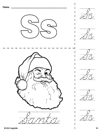 Free printable Santa Christmas coloring page and cursive letter tracing worksheet, letter s worksheet for preschool, pre-k, and kindergarten