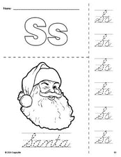 Free printable Santa Christmas coloring page and cursive letter tracing worksheet, letter s worksheet for preschool, pre-k, and kindergarten