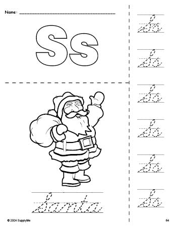 Free printable Santa Christmas coloring page and cursive letter tracing worksheet, letter s worksheet for preschool, pre-k, and kindergarten