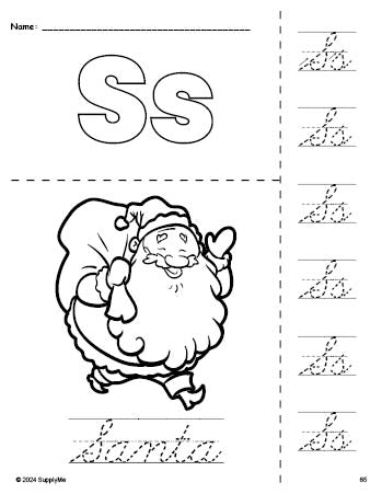 Free printable Santa Christmas coloring page and cursive letter tracing worksheet, letter s worksheet for preschool, pre-k, and kindergarten