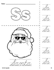 Free printable Santa Christmas coloring page and cursive letter tracing worksheet, letter s worksheet for preschool, pre-k, and kindergarten