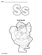 Free printable Santa Christmas coloring page, letter s coloring page for preschool, pre-k, and kindergarten