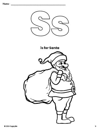 Free printable Santa Christmas coloring page, letter s coloring page for preschool, pre-k, and kindergarten