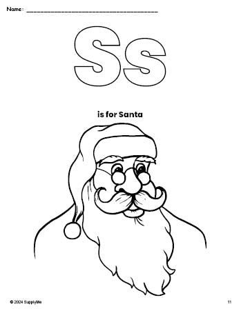 Free printable Santa Christmas coloring page, letter s coloring page for preschool, pre-k, and kindergarten