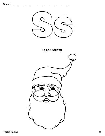 Free printable Santa Christmas coloring page, letter s coloring page for preschool, pre-k, and kindergarten