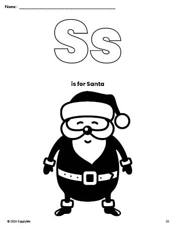 Free printable Santa Christmas coloring page, letter s coloring page for preschool, pre-k, and kindergarten