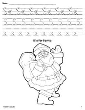 Free printable Santa Christmas coloring page, letter s tracing worksheet for preschool, pre-k, and kindergarten