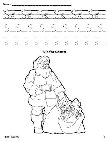 Free printable Santa Christmas coloring page, letter s tracing worksheet for preschool, pre-k, and kindergarten