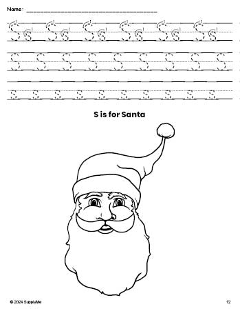 Free printable Santa Christmas coloring page, letter s tracing worksheet for preschool, pre-k, and kindergarten