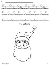 Free printable Santa Christmas coloring page, letter s tracing worksheet for preschool, pre-k, and kindergarten