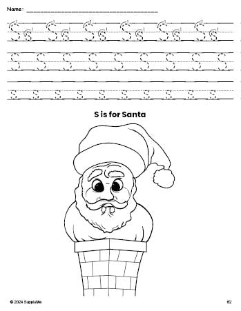 Free printable Santa Christmas coloring page, letter s tracing worksheet for preschool, pre-k, and kindergarten