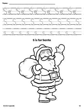 Free printable Santa Christmas coloring page, letter s tracing worksheet for preschool, pre-k, and kindergarten