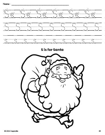 Free printable Santa Christmas coloring page, letter s tracing worksheet for preschool, pre-k, and kindergarten