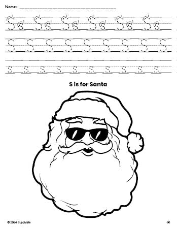 Free printable Santa Christmas coloring page, letter s tracing worksheet for preschool, pre-k, and kindergarten