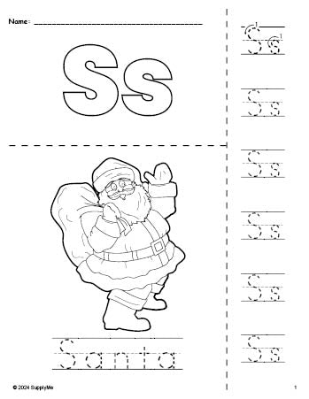 Free printable Santa Christmas coloring page and letter tracing worksheet, letter s worksheet for preschool, pre-k, and kindergarten