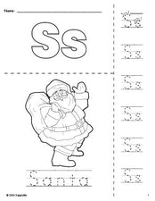 Free printable Santa Christmas coloring page and letter tracing worksheet, letter s worksheet for preschool, pre-k, and kindergarten