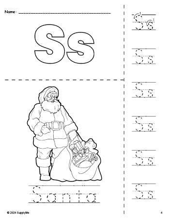 Free printable Santa Christmas coloring page and letter tracing worksheet, letter s worksheet for preschool, pre-k, and kindergarten