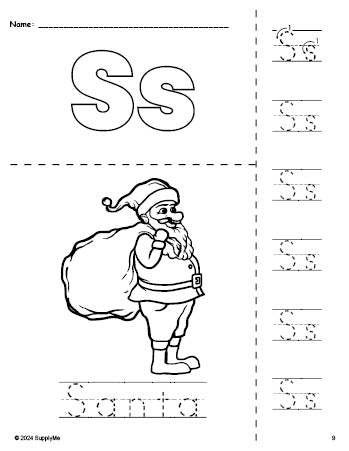 Free printable Santa Christmas coloring page and letter tracing worksheet, letter s worksheet for preschool, pre-k, and kindergarten