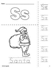 Free printable Santa Christmas coloring page and letter tracing worksheet, letter s worksheet for preschool, pre-k, and kindergarten