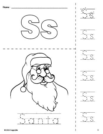 Free printable Santa Christmas coloring page and letter tracing worksheet, letter s worksheet for preschool, pre-k, and kindergarten