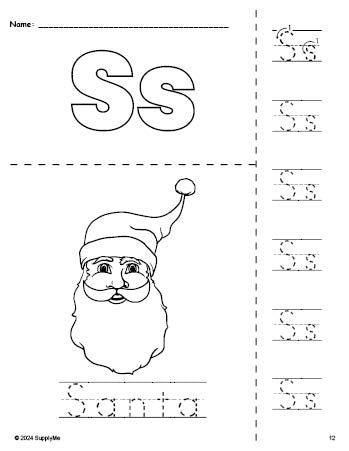 Free printable Santa Christmas coloring page and letter tracing worksheet, letter s worksheet for preschool, pre-k, and kindergarten