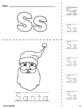 Free printable Santa Christmas coloring page and letter tracing worksheet, letter s worksheet for preschool, pre-k, and kindergarten