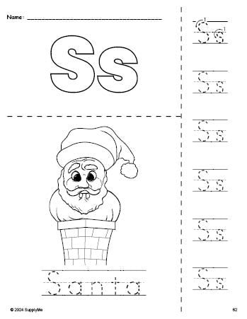 Free printable Santa Christmas coloring page and letter tracing worksheet, letter s worksheet for preschool, pre-k, and kindergarten