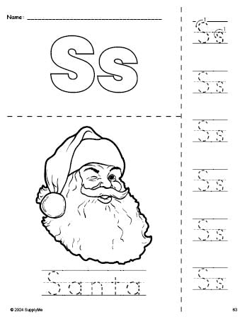 Free printable Santa Christmas coloring page and letter tracing worksheet, letter s worksheet for preschool, pre-k, and kindergarten