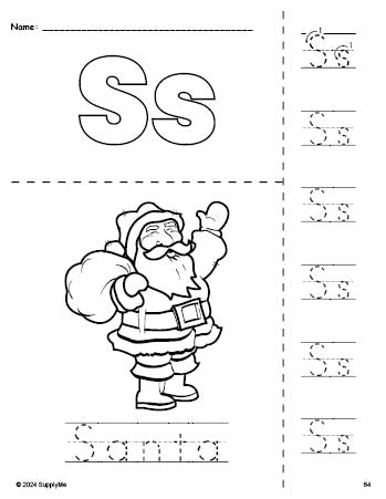 Free printable Santa Christmas coloring page and letter tracing worksheet, letter s worksheet for preschool, pre-k, and kindergarten