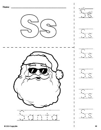 Free printable Santa Christmas coloring page and letter tracing worksheet, letter s worksheet for preschool, pre-k, and kindergarten