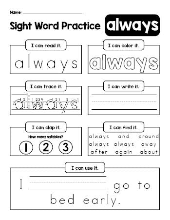 Free printable second grade sight word worksheet, beginner sight word for 2nd graders and high frequency word 'always', practice sheet includes 6 sight word activities and 1 sight word sentence, third 100 fry sight words, Dolch, PDF