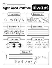 Free printable second grade sight word worksheet, beginner sight word for 2nd graders and high frequency word 'always', practice sheet includes 6 sight word activities and 1 sight word sentence, third 100 fry sight words, Dolch, PDF