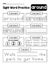 Free printable second grade sight word worksheet, beginner sight word for 2nd graders and high frequency word 'around', practice sheet includes 6 sight word activities and 1 sight word sentence, second 100 fry sight words, Dolch, PDF