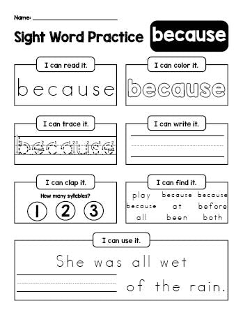 Free printable second grade sight word worksheet, beginner sight word for 2nd graders and high frequency word 'because', practice sheet includes 6 sight word activities and 1 sight word sentence, second 100 fry sight words, Dolch, PDF