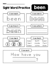 Free printable second grade sight word worksheet, beginner sight word for 2nd graders and high frequency word 'been', practice sheet includes 6 sight word activities and 1 sight word sentence, first 100 fry sight words, Dolch, PDF