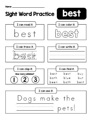 Free printable second grade sight word worksheet, beginner sight word for 2nd graders and high frequency word 'best', practice sheet includes 6 sight word activities and 1 sight word sentence, fourth 100 fry sight words, Dolch, PDF